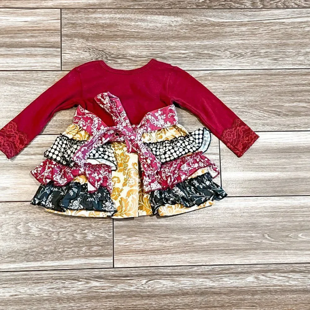 Giggle Moon Long Sleeve Burgundy and Gold Dress, Size 9M